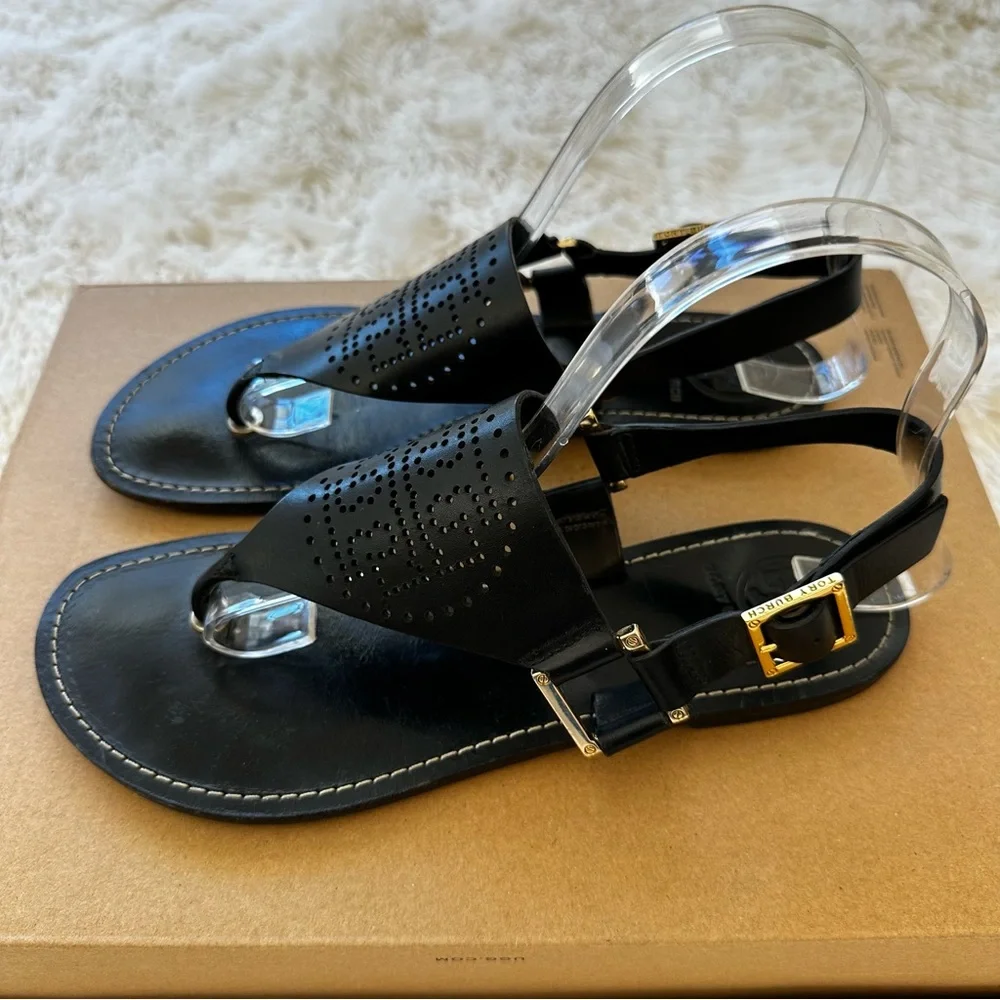 Tory Burch Daniela Black Leather Thong Sandals Logo Buckle Women’s Size 7.5
